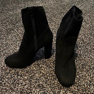 Black suede Call It Spring bootie heels
